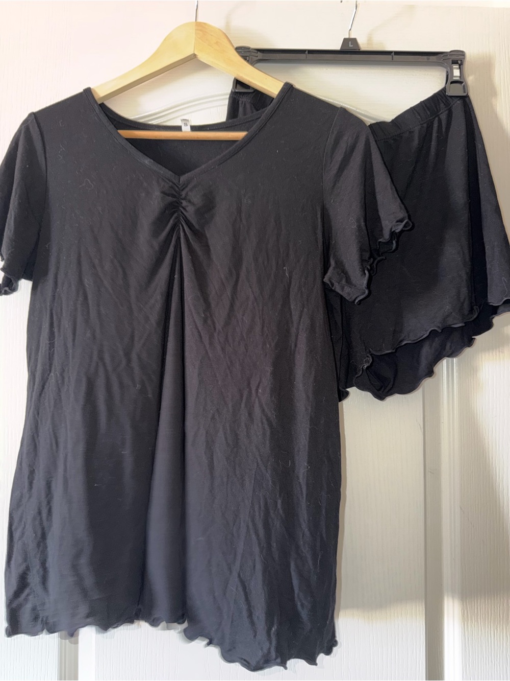 Black Lounge Set - Ruched Top & Elastic Waist Shorts